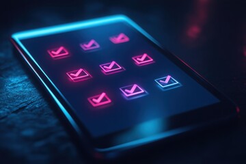 Obraz premium Smartphone with glowing pink and blue email icons on screen