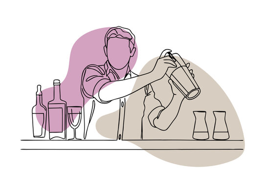 one line drawing of male bartender working, vector illustration 
