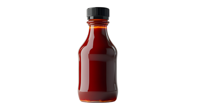 A bottle of red sauce with a black cap perfect for culinary and food photography needs