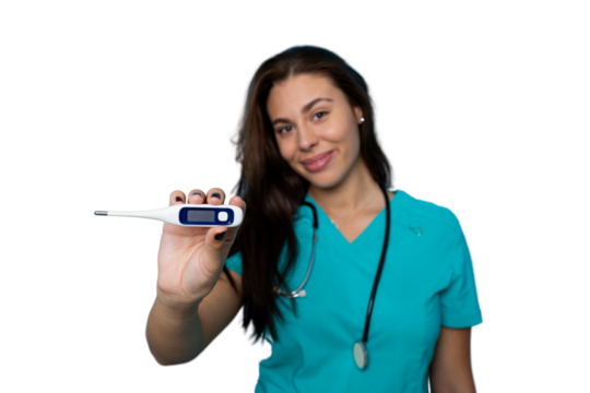 Smiling female doctor showing digital thermometer on transparent background