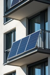 Obraz premium Blue polycrystalline solar panels on balcony of modern white building, Munich, Germany