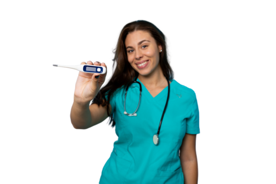 Female medical professional in teal uniform displaying digital thermometer against neutral medical setting