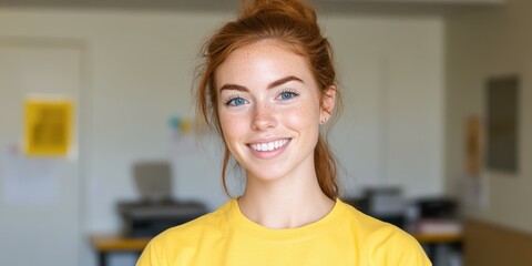 A young woman with red hair smiles confidently while wearing a bright yellow shirt. She stands indoors in a modern workspace, highlighting a cheerful atmosphere during the day