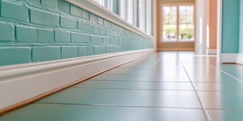 Obraz premium A long hallway features a smooth tiled floor and a turquoise brick wall. Natural light floods the space through large windows, creating a welcoming atmosphere