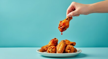 Person holding spicy chicken wing above plate with blue background