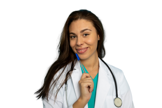 Female doctor smiling and holding a pen near her face, wearing a stethoscope and lab coat on a transparent background
