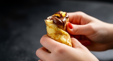 Female hands holding crepe with chocolate spread