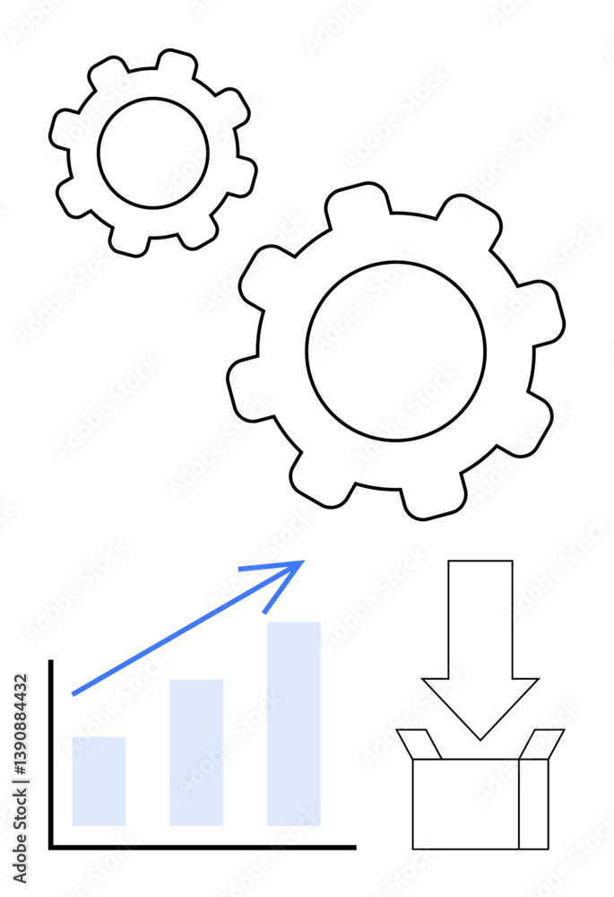 Poster gears represent operation, a bar graph with an upward arrow indicates growth, and an open box with a