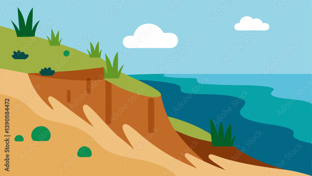 Poster eroding shoreline a coastal scene where invasive species have contributed to soil erosion with nativ
