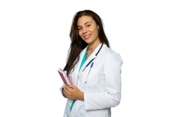 Female medical professional confidently smiling, holding notebook, wearing white coat against transparent backdrop