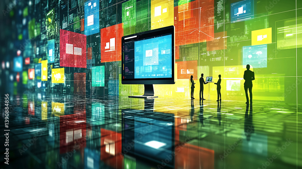 Poster business team analyzing data on screen for digital transformation and cloud computing tech 100