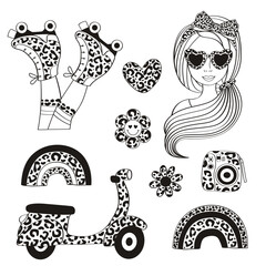 set of isolated outline girl, leopard moped, rainbow, Roller skates
