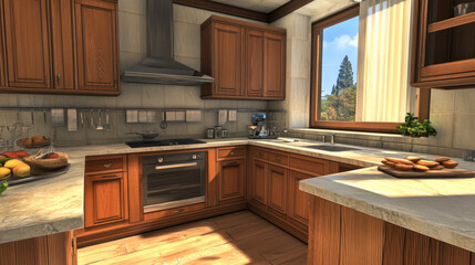 Timeless Balance: Modern Kitchen with Marble and Wood Harmony

