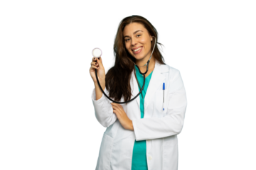Confident female physician wearing white coat, listening with stethoscope and performing patient medical examination