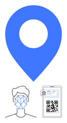Blue geolocation pin, digital face scan, and smartphone QR code represent location tracking, identity verification, and technology. Ideal for security, navigation, technology, biometrics travel