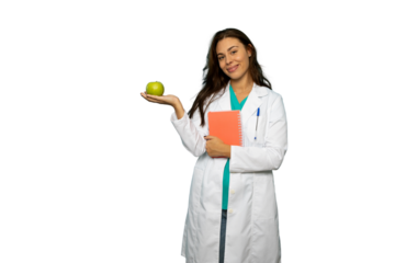 Female doctor holding a green apple and a notebook, promoting healthy eating habits on a transparent background