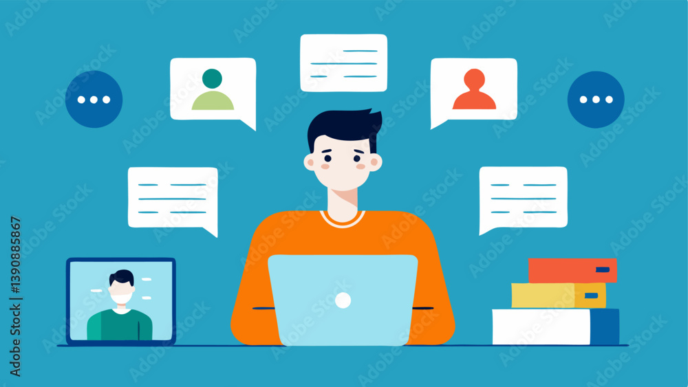 Poster client meeting a product manager in a virtual meeting room discussing with clients through their lap
