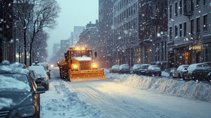 Path Through the Peaks: Snow Plow in a Sunlit Winter Wonderland

