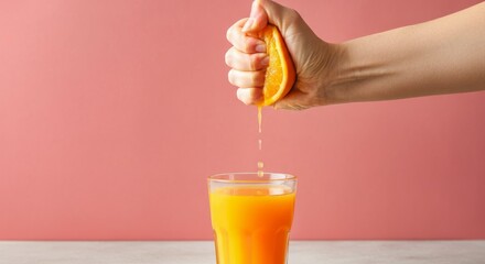 Freshly squeezed orange juice dripping from hand into glass on pink background
