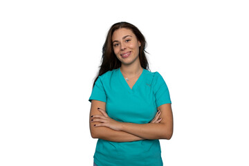 Confident female healthcare worker standing with crossed arms, radiating professionalism and warmth...