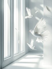 White Doves Flying Near Window in Serene Bright Room Interior