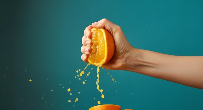 Juicy orange squeeze hand action against teal background