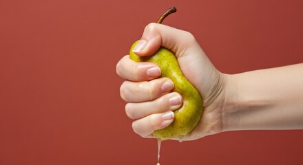 Close-up of hand squeezing pear with juice dripping against red background
