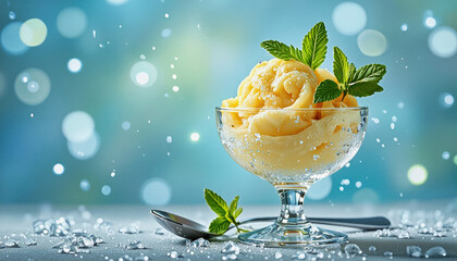 Vivid design food and beverage advertisement: A refreshing scoop of mango sorbet, garnished with mint leaves and surrounded by ice crystals, sits in a glass bowl against a bokeh background.