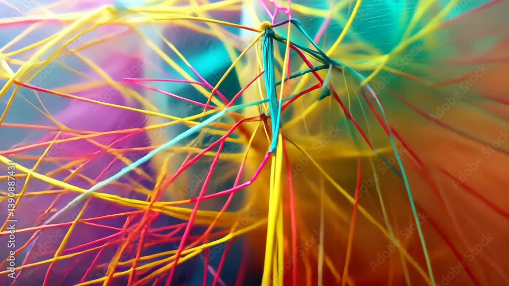 Poster intricate web of multicolored threads forming a mesmerizing geometric design, capturing the beauty o