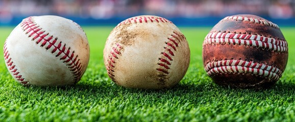 Used baseballs on a field