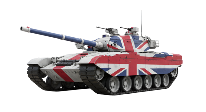 A tank painted with the british flag isolated on a black background