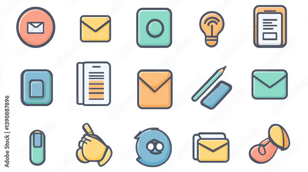 Poster vector icons set for business and communication with mail document idea hand and other elements desi