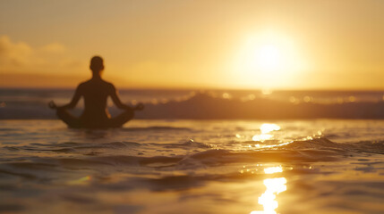 Fototapeta premium A serene long-exposure shot of the ocean at dusk or dawn, with soft, blurred waves flowing towards the shore under a gradient sky of orange and blue, and a solitary dark silhouette of a person or obje