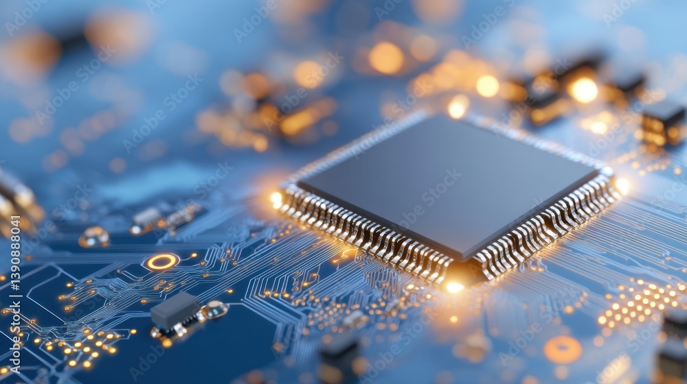 Poster close-up of a microchip sitting on a circuit board, with illuminated connections showcasing the intr