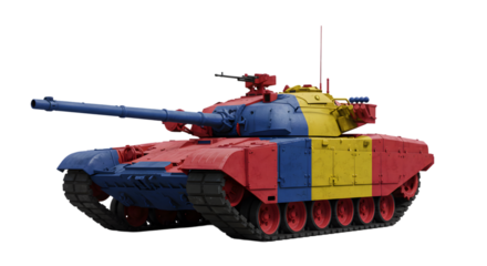 A tank painted in the colors red blue and yellow on a black background