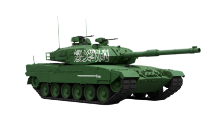 A green tank with saudi arabian flag on a black isolated background