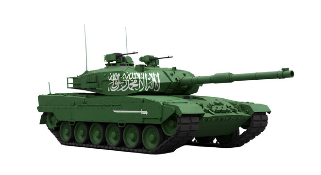 A green tank with saudi arabian flag on a black isolated background
