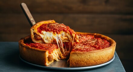 Delicious melty cheese chicago-style deep-dish pizza with tomato sauce