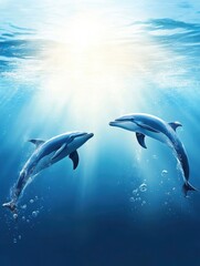 Fototapeta premium Two Dolphins Swimming Underwater in Sunlit Ocean Creating a Peaceful Scene