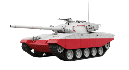 Side view of a red and white tank against a black background space