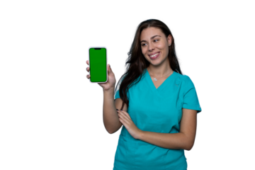 Female physician in white coat checking smartphone with blank green screen display