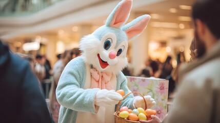 A furry, blue costumed rabbit places colorful plastic eggs into a basket with people behind him in the soft-focused, brightly-lit space.
