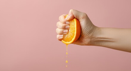 Hand squeezing orange half with juice against pink background