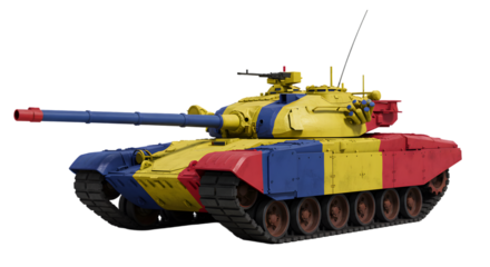 Military tank painted with the colors of the romanian flag isolated