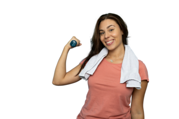 Sporty woman lifting a weight and smiling at the gym with a towel on her shoulders, transparent background