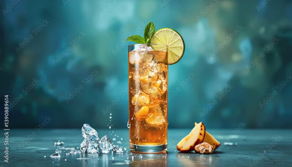 Poster vivid design food and beverage advertisement: a refreshing iced tea cocktail with mint and lime garn