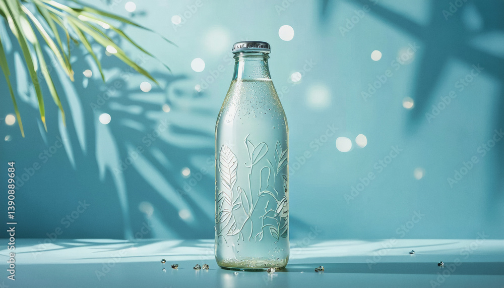 Poster vivid design food and beverage advertisement: a bottle of water adorned with a delicate leaf pattern