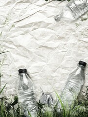 Plastic bottles and crumpled paper surrounded by grass. Environmental pollution concept