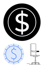 Large dollar sign coins alongside an office swivel chair. Ideal for finance, work, business, investment, economics, salary, and productivity themes. Flat simple metaphor