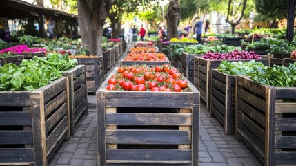 Vegetables displayed in crates at a market, with trees and people walking in the background